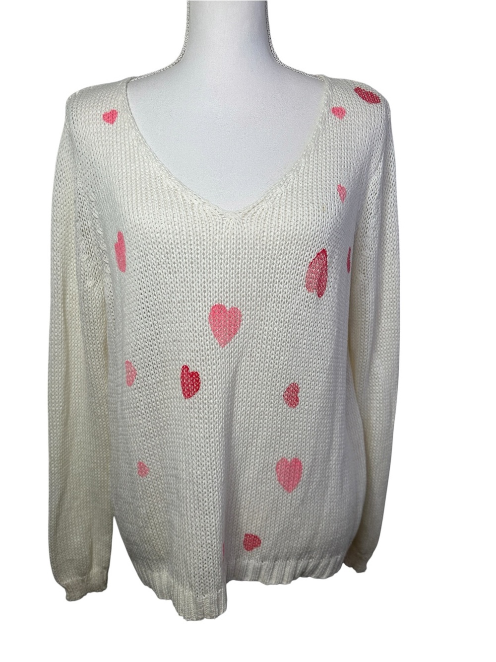 Wooden Ships Paula Buendia Ivory Pink Heart Knit V-Neck Sweater S/M Cozy Oversiz